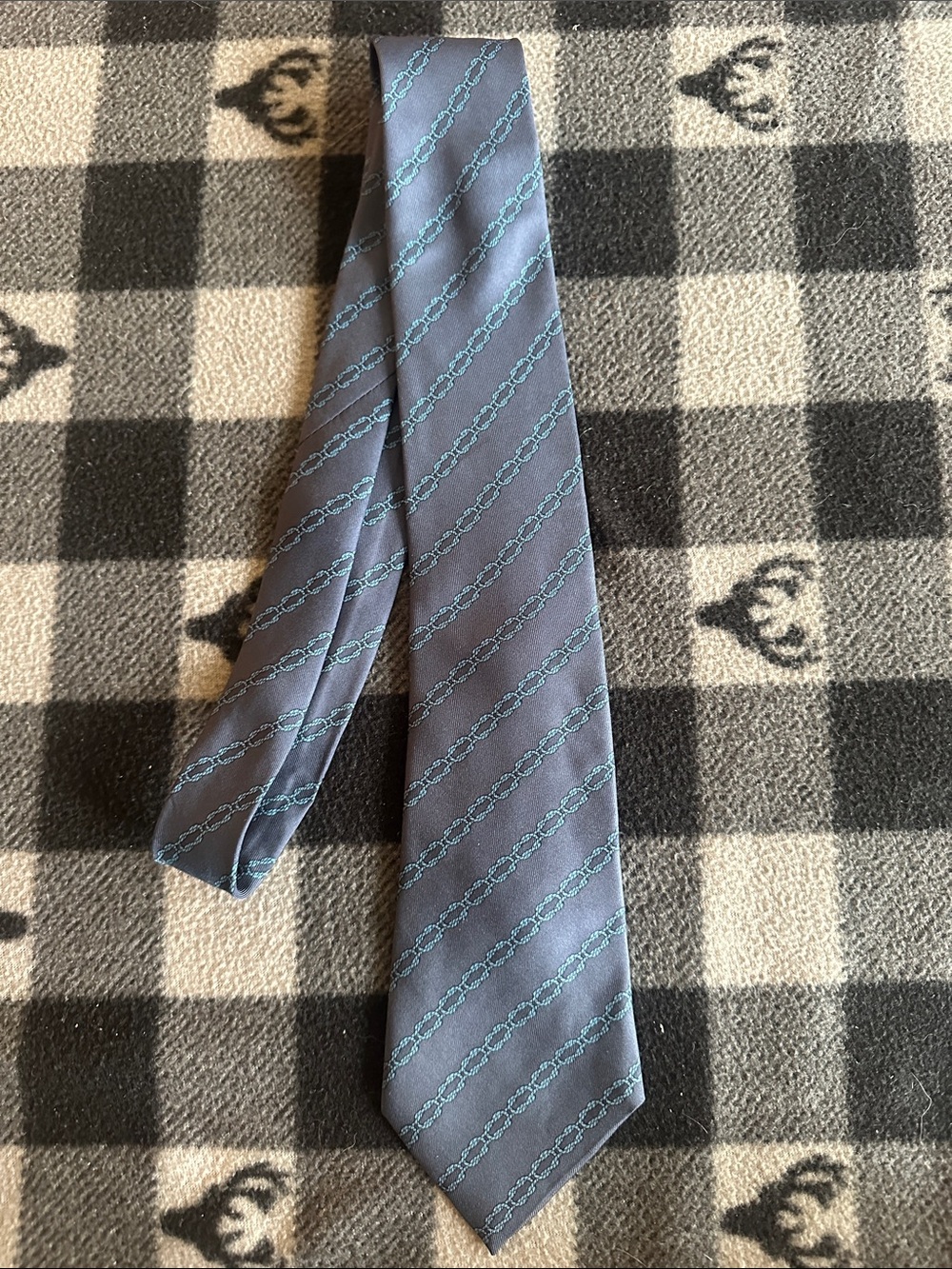 Hermes Navy Tie with Teal Chain Motif
